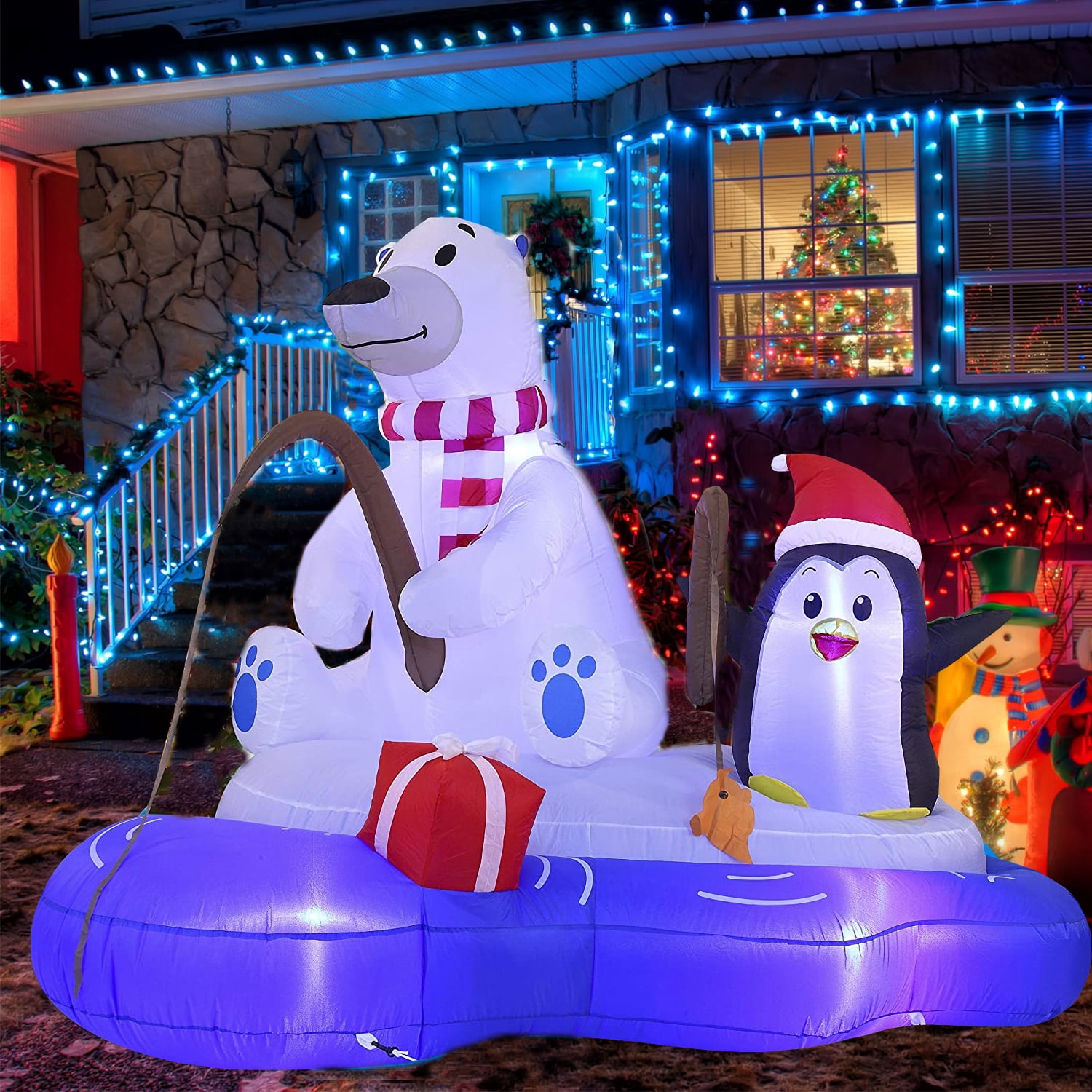 Christmas Inflatables Outdoor Decorations, 6 FT Christmas Inflatable Polar Bear Fishing with Penguin with LED Lights Blow Up Inflatables for Xmas Holiday Party Yard Garden Dcor, Holiday Decorations