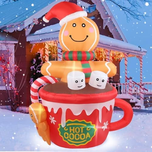 Christmas Inflatables Outdoor Decorations 6FT Gingerbread Man in Hot Cocoa Cup Blow up Xmas Yard Decoration with Led Lighted Inflatable Dcor for Indoor Outside Holiday Party Garden Lawn$$