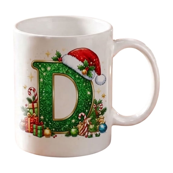 Christmas Initial Ceramic Mug,11 oz Coffee Cup with Cute Green Glitter Letter & Santa Hat Decor,Home Office Use,Ideal Holiday Gift for Family(D)