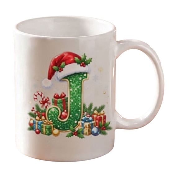 Christmas Initial Ceramic Mug,11 oz Coffee Cup with Cute Green Glitter Letter & Santa Hat Decor,Home Office Use,Ideal Holiday Gift for Family(G)