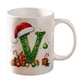 thumbnail image 1 of Christmas Initial Ceramic Mug,11 oz Coffee Cup with Cute Green Glitter Letter & Santa Hat Decor,Home Office Use,Ideal Holiday Gift for Family(V), 1 of 7