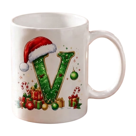 Christmas Initial Ceramic Mug,11 oz Coffee Cup with Cute Green Glitter Letter & Santa Hat Decor,Home Office Use,Ideal Holiday Gift for Family(V)