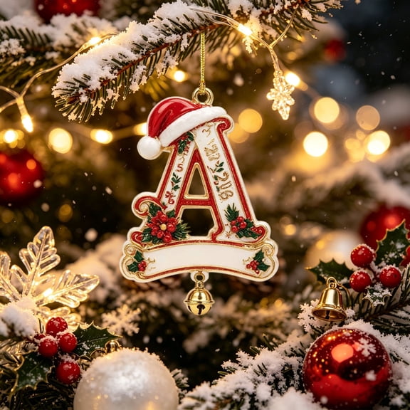 Christmas Initial Letter Ornament, Alphabet Santa Hat Holly Bell Christmas Tree Hanging Decoration,A