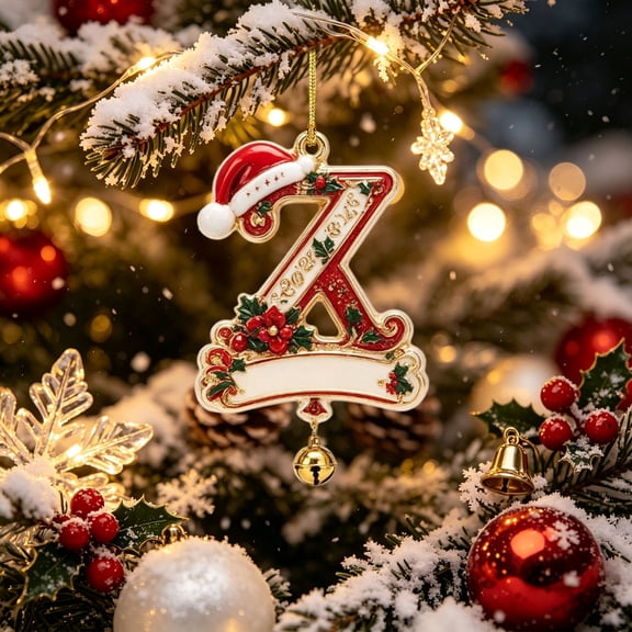 Christmas Initial Letter Ornament, Alphabet Santa Hat Holly Bell Christmas Tree Hanging Decoration,Z