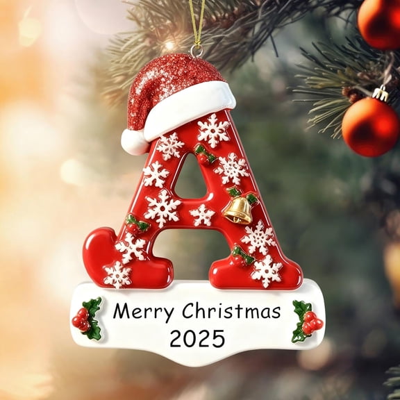 Christmas Initial Letters Ornaments, Personalized Letter Last Name Decoration Ornaments, Red Hat Alphabet Letters A-Z Ornaments for Xmas Tree, DIY Glitter Letters Hanging Decor with Snow Bells Berry