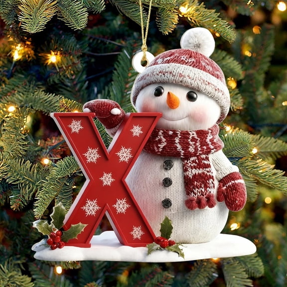 Christmas Snowman 26 Letters Decor Ornament, Acrylic Flat Red Hat Snowman Snowflake Winter Wonderland Ornaments, 2D A to Z Initial Letters, Personalized Snowman Alphabet Letters Hanging Decor,Gifts X