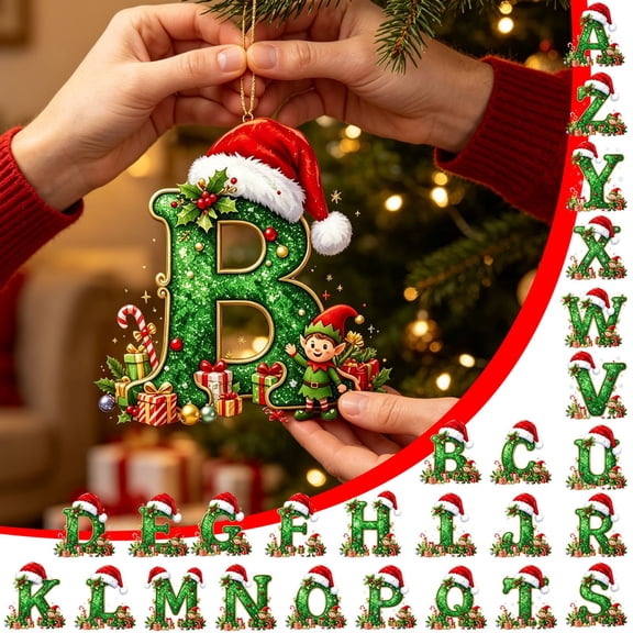Christmas Initial Ornament, Santa Hat and Holly Letter Pendant with A-Z Letters for Christmas Tree Stockings Gift Toppers and Keepsake Gifts
