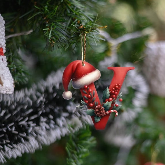 Christmas Initial with Red Hat Christmas Tree Ornaments Personalized DIY Christmas 26 Letters Ornaments Christmas Decoration Xmas Tree Hanging Decor(V)