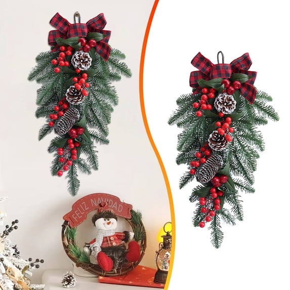 Christmas Inverted Tree Decoration with Pinecones & Berries, 20-Inch Upside Down Hanging Door Wall Decor, Inverted Christmas Tree Ornament for Holiday Home & Festival Display