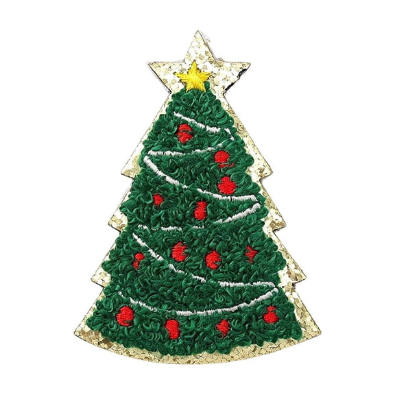 Christmas Iron On Patch Green Tree Felt Embroidery Applique with Gold Sequin Star for Jackets Bags