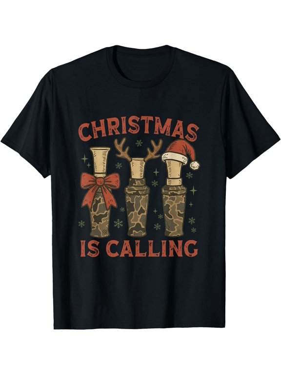 Christmas Is Calling Camo Duck Call Antlers Santa Hat Hunter T-Shirt
