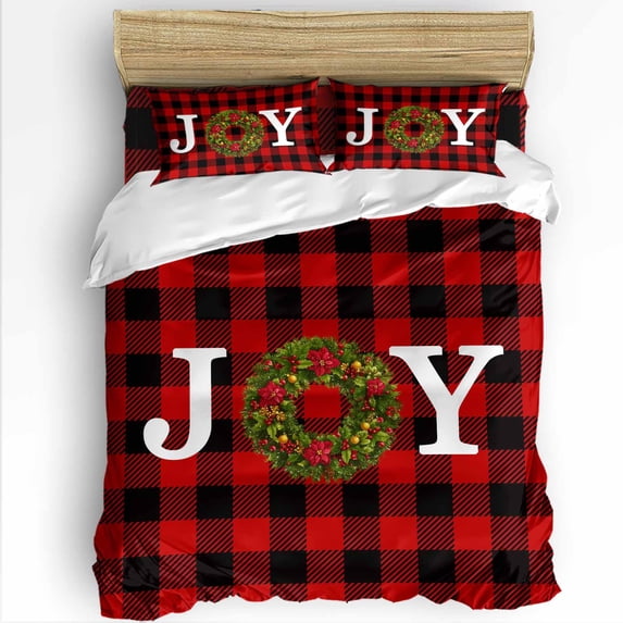 Christmas JOY King Size Comforter Set, Winter Holly Poinsettia Red Black Plaid Soft Bedding for All Seasons, 4 Pcs Bed Set with 1Comforter (90"x106") ,1 Sheet(94"x116"), 2 Pillowcases (19"x35")