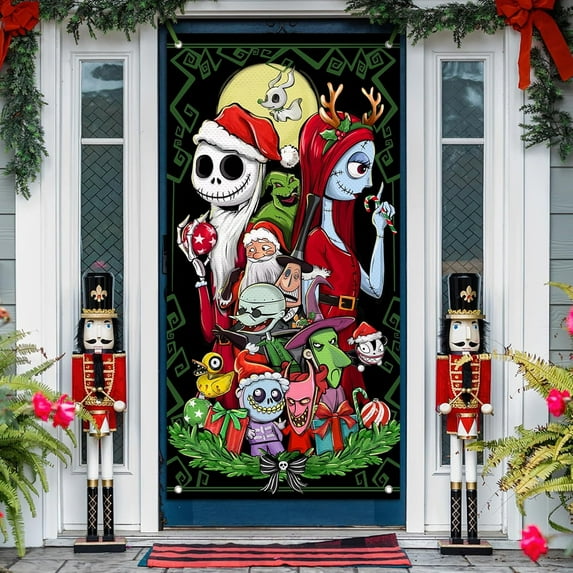 Christmas Jack Door Cover Decorations, Xmas Santa Monster Witch Front Door Banner Background, Funny Winter Holiday Wreath Indoor Outdoor Home Decor 3 x 6 FT