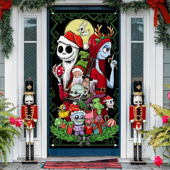 Christmas Jack Door Cover Decorations, Xmas Santa Monster Witch Front Door Banner Background, Funny Winter Holiday Wreath Indoor Outdoor Home Decor 3 x 6 FT