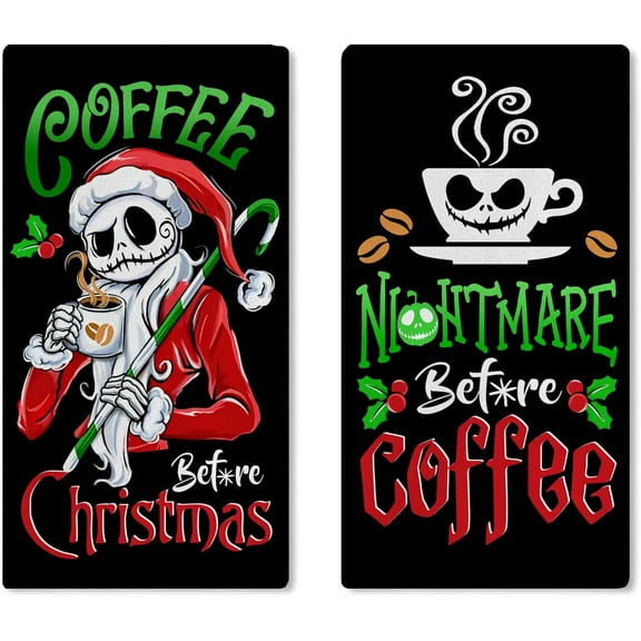 Christmas Jack Kitchen Dish Towels Set of 2, Black Xmas Drying Hand Towels Coffee Before Christmas Baking Cooking Cloth, Funny Holiday Winter Home Kitchen Decoration 18 x 26 Inch