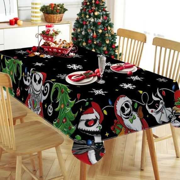 Christmas Jack Oval Tablecloth 52 x 70 Inch, Black Xmas Tree Decorative Cloth Dining Table Cover, Winter Holiday Snowflake Dinner Party Picnic Decoration