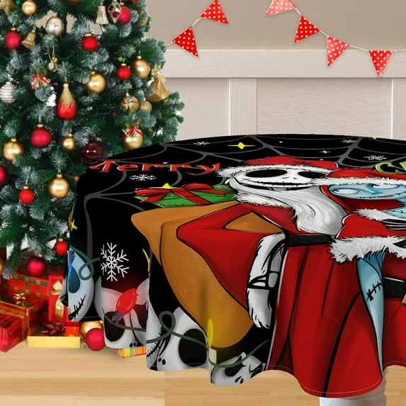 Christmas Jack Skellington Round Tablecloth 70 x 70 Inch, Black Xmas Tree Decorative Table Cloth Dining Table Cover, Winter Holiday Snowflake Dinner Party Picnic Decoration