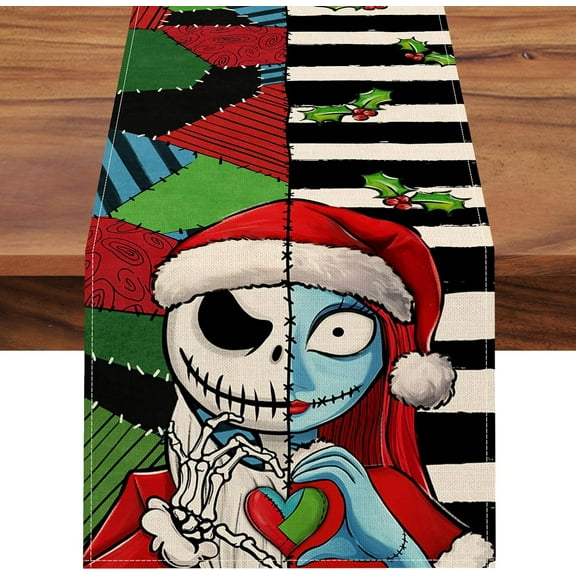 Christmas Jack Table Runner, Xmas Holiday Sally Kitchen Dining Table Decor, Winter Stripes Patch Burlap Home Decoration Indoor Outdoor Party Supply 13 x 36 Inches