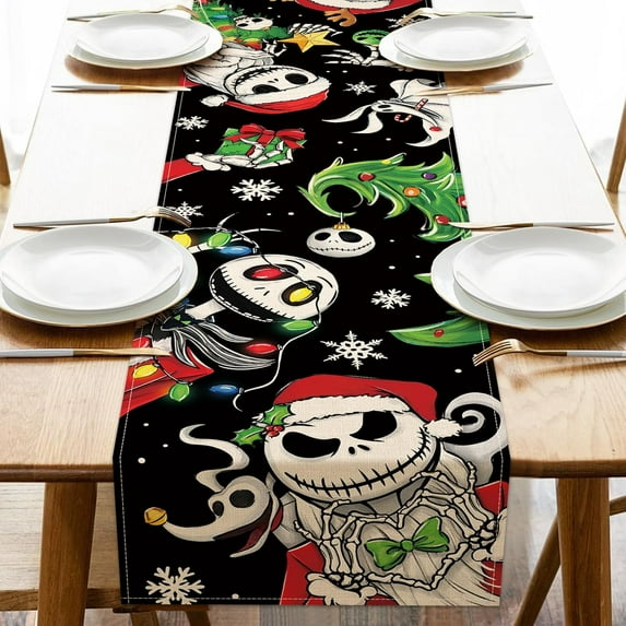 Christmas Jack Table Runner, Xmas Tree Kitchen Dining Table Decoration, Funny Holiday Winter Burlap Indoor Outdoor Home Decor Party Supply 13.8 x 90 Inches