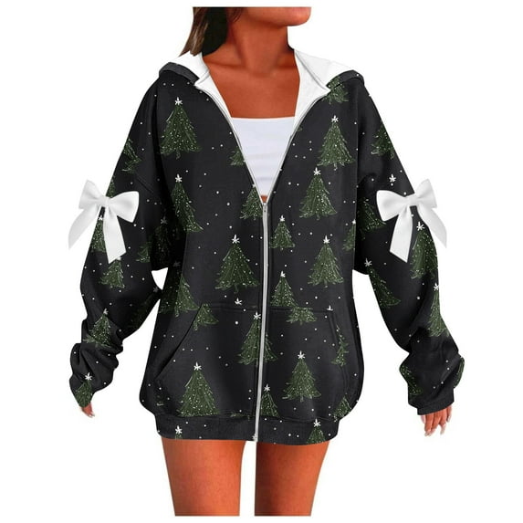Christmas Jacket For Women Hooded Front Zip Xmas Print Bow Outwear Plus Size Casual Holiday Cardigan With Pockets (M, Black-B)