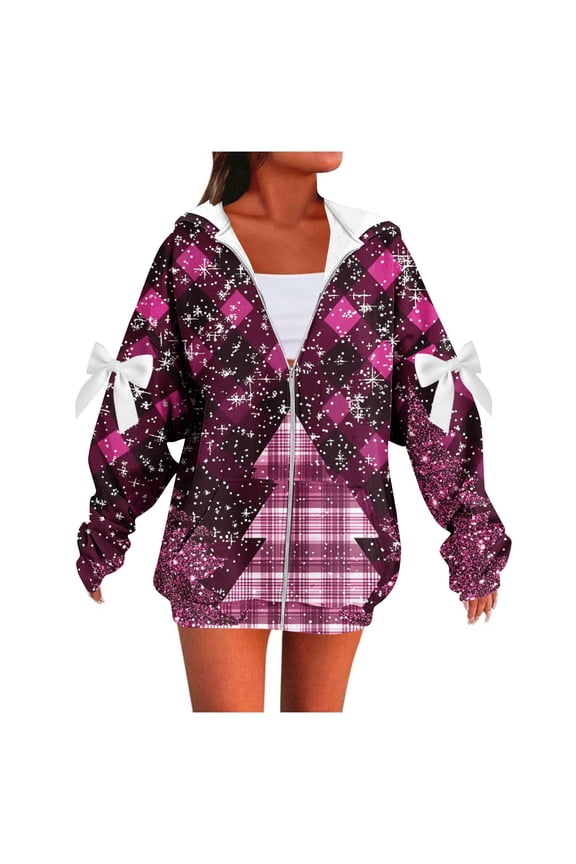 Christmas Jacket For Women Hooded Front Zip Xmas Print Bow Outwear Plus Size Casual Holiday Cardigan With Pockets (XL, Hot Pink)
