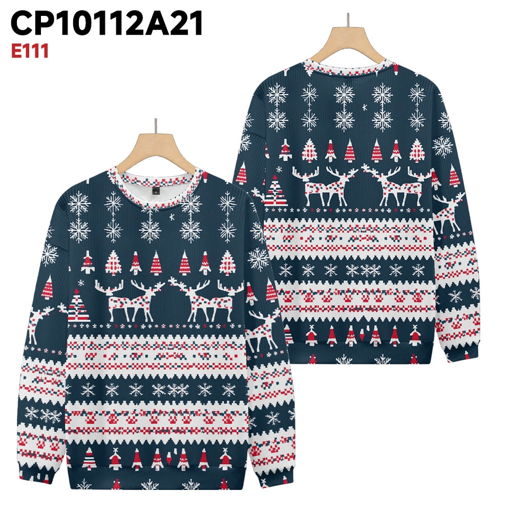 Christmas Jacket Knitted Long Sleeve Sweater Elk Snow Colour Print Crew