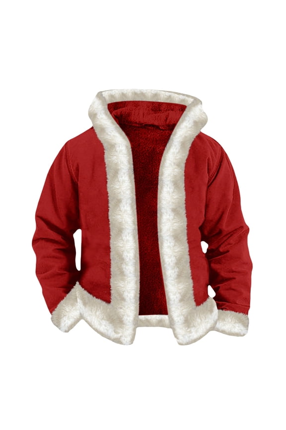 Christmas Jacket for Men Women Santa Claus Xmas White Trim Open Front Hoodies Winter Warm Hooded Coat Full Zip Jacket Thermal Outdoor Winter Coat Soft Warm Stand Collar Pullover Hoodie