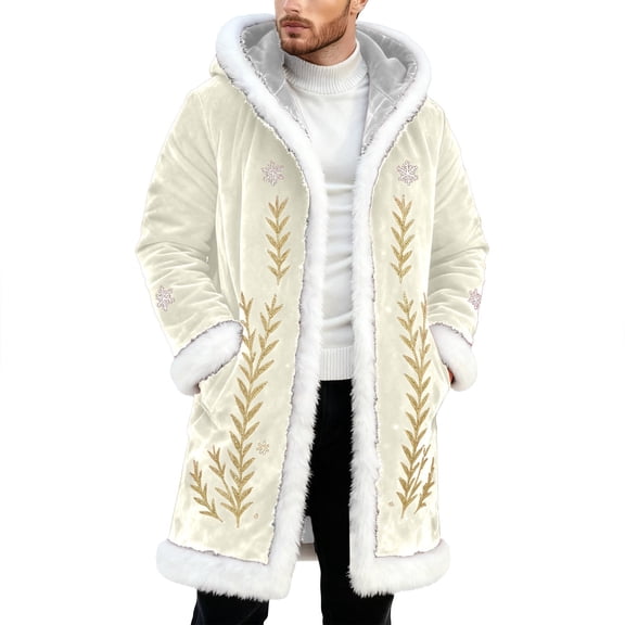 Christmas Jacket for Men Christmas Men's Long Cardigan Hoodies Women White Warm Santa Claus Xmas Hooded Coat with Pocket Beige L