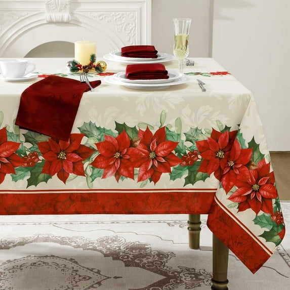 Christmas Jacquard Rectangle Tablecloth 60 x 84 Inch - Winter Xmas Red Poinsettia Table Cloth, Heavy Weight Vintage Damask Fabric Table Cover for Holiday, Party, Dinner Decor