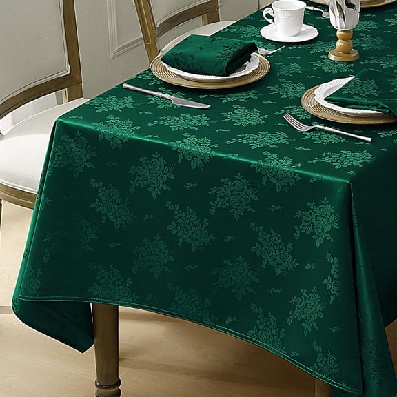 Christmas Jacquard Rectangle Tablecloth - Green Waterproof Damask Rose Floral Pattern Decorative Table Cloth, Heavy Weight Fabric Table Cover for Dining/Party/Holiday - 52 x 70 Inch