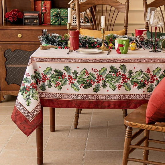 Christmas Jacquard Rectangle Tablecloth, Winter Vintage Holly Waterproof Table Cloth, Xmas Farmhouse Fabric Table Cover for Holiday, Dining, Party Decor, DHHolly 60 x 84 Inch