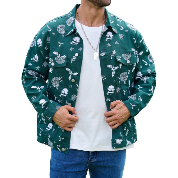 Christmas Jean Jacket Men Trucker Unlined Coats Xmas Printed Tops Stocking Stuffers for Man(Green Christmas,2XL)