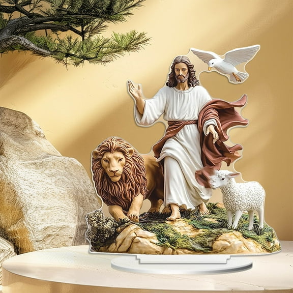 Christmas Jesus Figurine with Lion & Lamb,8.2in Tall,Acrylic Craft,Religious Home Decor,Perfect for Christmas Decorations,Collectibles,and Faithful Gifts