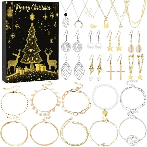 Christmas Jewelry Advent Calendar Set for Women Girls 24Pcs Fashion Necklaces Bracelets Earrings Rings Gift Box Holiday Accessories Surprise Countdown Gifts