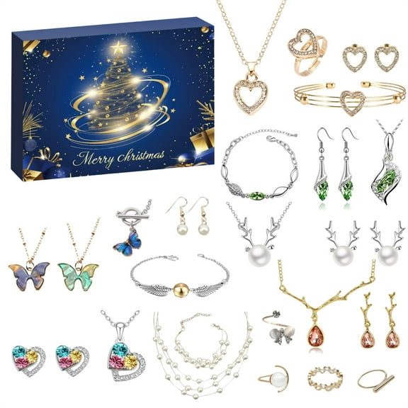 Christmas Jewelry Advent Calendar Set for Women Girls 24Pcs Fashion Necklaces Bracelets Earrings Rings Gift Box Holiday Accessories Surprise Countdown Gifts