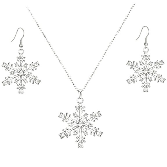 Christmas Jewelry Set Silvertone Snowflake Necklace Earrings for Women