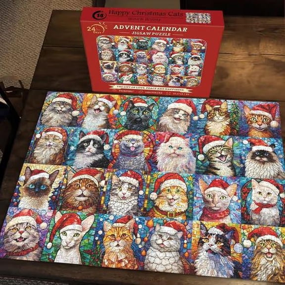 Christmas Jigsaw Puzzles 1000 pieces, Happy Christmas Cats Advent Calendar Puzzle Set, Stained Glass Colorful Cat Artwork, 24 Day Pre-Christmas Countdown, Premium Holiday Present for Adults