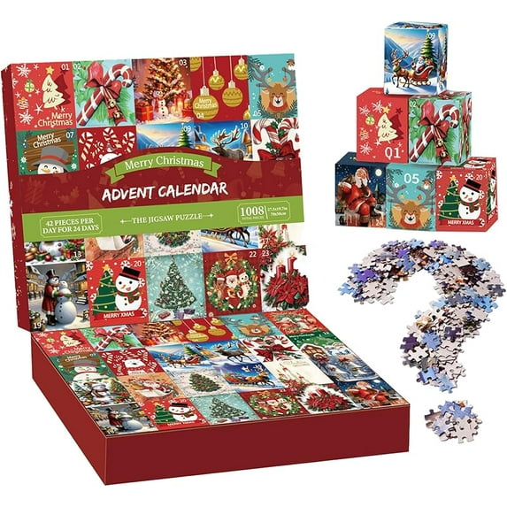 Christmas Jigsaw Puzzles 1008 Pieces,Jigsaw Blind Box,Puzzles for Adults and Kids,Puzzles for Family,Merry Christmas Puzzles Advent Calendar with Poster,42 Pieces per Day for 24 Days