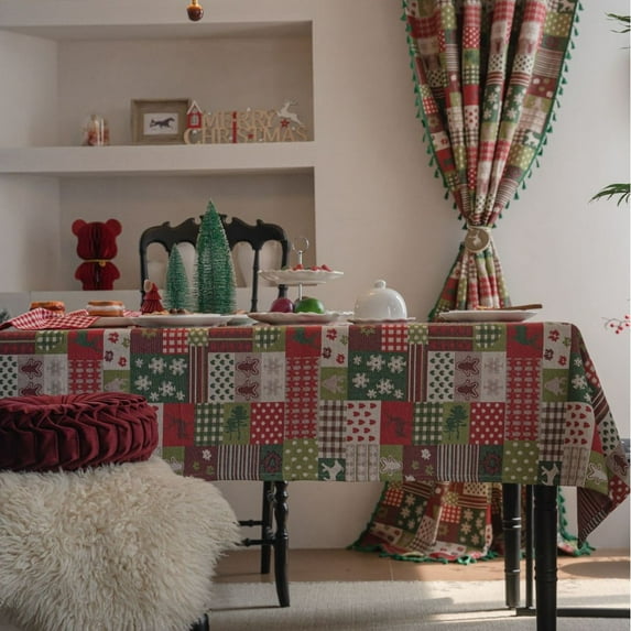 Christmas Jingle Bell Man Jacquard Tablecloth - Rectangular, Color Block Geometric, Festive Versatile Decor