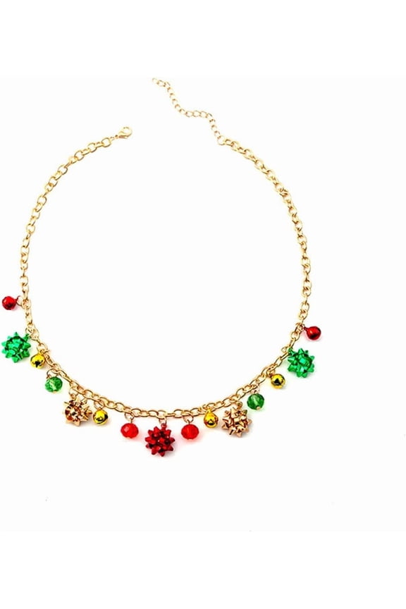 Christmas Jingle Bell Pendant Necklace for Women Gold-Toned Red Green Beaded Flower Link Chain Necklaces Adjustable Lightweight Xmas Festival Jewelry 18 Inches