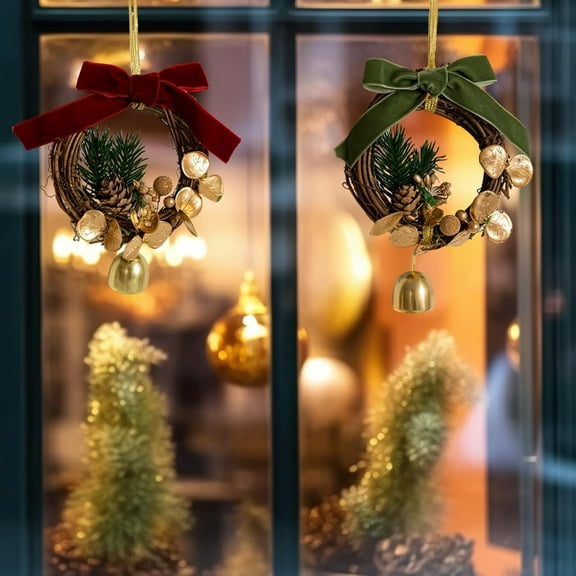 Christmas Wreath for Window, 2 Pcs Christmas Wreath Bows with Jingle Bells and Pinecone Hanging Christmas Hanging Ornaments for Car Door Window Christmas Decoration (Green and Red)