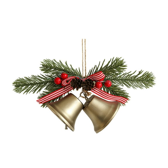 Christmas Jingle Bells Door Hanger Vintage Rustic with Red Bow and Berry, Double Bell Wall Hanging Decoration for Front Door Window Xmas Tree Wreath Home Decor