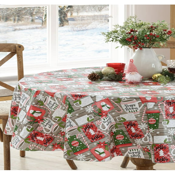 Christmas Jolly Holiday Candy Cane and Hot Cocoa 60 x 84 inch Oval Flannel Back Vinyl Tablecloth