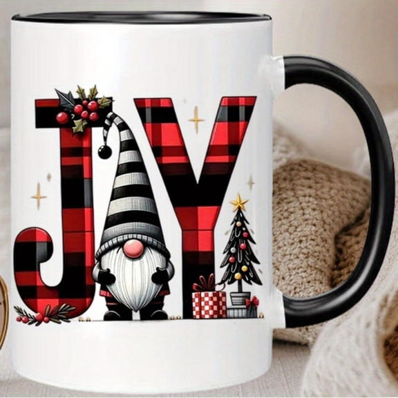 Christmas Joy Ceramic Coffee Mug with Santa Gnome Design Insulated Hand Wash Only Reusable Holiday Cup Hot and Cold Beverages