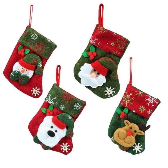 Christmas Joy, Set of 4, 3D Christmas Theme Stockings Gift & Candy Bag & Tableware Holder Ornament Animated Santa Reindeer Snowman Dog, Snowflake, Set of 4