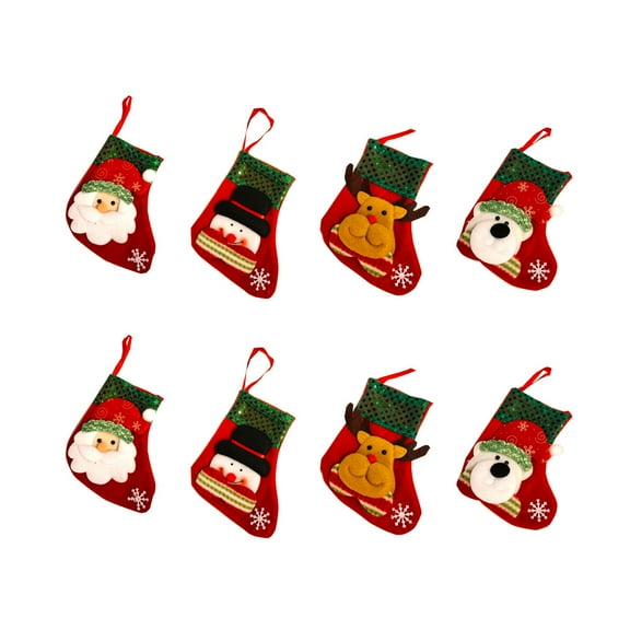 Christmas Joy, Set of 4, 3D Christmas Theme Stockings Gift & Candy Bag & Tableware Holder Ornament Animated Santa Reindeer Snowman Dog, Tinsel, Set of 8