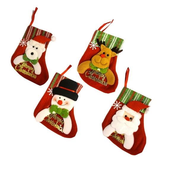 Christmas Joy, Set of 4, 3D Christmas Theme Stockings Gift & Candy Bag & Tableware Holder Ornament Animated Santa Reindeer Snowman Dog, Green and Red Stripes, Set of 4