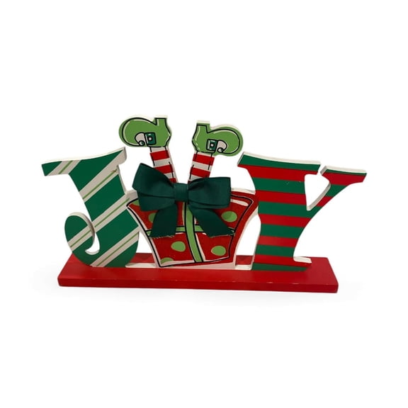 Christmas Joy Tabletop Decor Wooden Holiday Sign with Elf Feet and Gift Design Festive Home Decoration