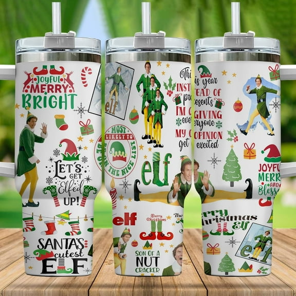 Christmas Joyful Merry Bright Blesses Let''s Get Elfect Up Elf 40 Oz Tumbler with Handle and Straw, Large Big Stainless Steel Vacuum Insulated Tumbler Iced Coffee Cup Water Bottle Travel Mug