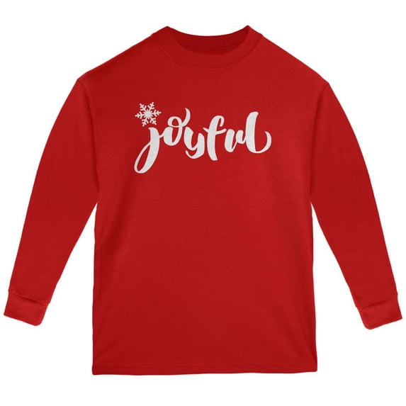 Christmas Joyful Script Snowflake Youth Long Sleeve T Shirt Red YMD
